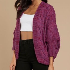 Cable Knit Open Front Cardigan Sweater - Purple